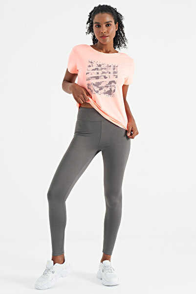 TOMMY LIFE Dark Gray Logo Printed Ribbed High Waist Slim Fit Women's Leggings - 94633