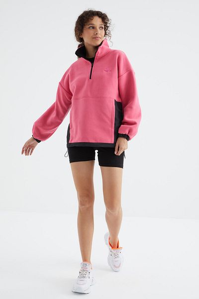 TOMMY LIFE Candy Pink Half Zipper Hem Gathered High Collar Oversize Women's Fleece Sweatshirt - 97236