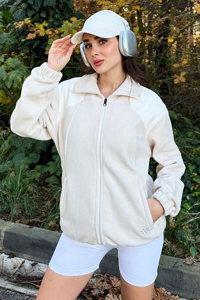 TOMMY LIFE Φούτερ με γιακά μπεζ Oversize Fleece - Χοντρό μαλακό κέντημα - 97293