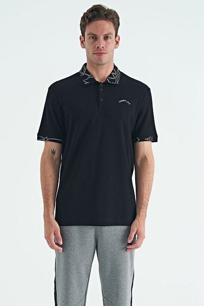 TOMMY LIFE Ανδρικό μπλουζάκι με κέντημα σε μαύρο κείμενο με λεπτομέρεια Standard Fit Polo Neck - 88239