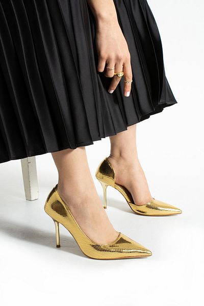 Güllü Shoes Gold Snakeskin Pattern Vegan Leather Thin Heels Shoes 9cm Metal Heel, Pointed Toe, Stylish&Comfortable
