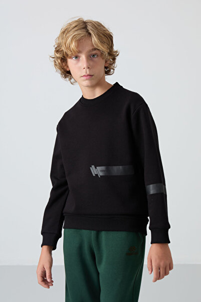 TOMMY LIFE Siyah Pamuklu Kalın İçi Tüylü Yumuşak Dokulu Standart Fit Baskılı Erkek Çocuk Sweatshirt - 11238