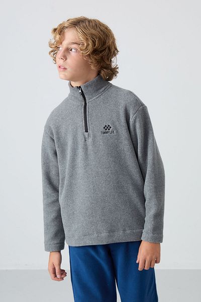 TOMMY LIFE Hanorac din lână gri pentru băiat - gros, moale, brodat, cu potrivire standard - 11221