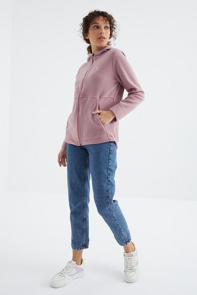 TOMMY LIFE Hanorac pentru damă din fleece, cu glugă, cu fermoar, forma confortabilă, Dusty Rose - 97233