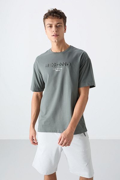 TOMMY LIFE Khaki Cotton Thick Soft Textured Oversize Fit Printed Men's T-Shirt - 88328