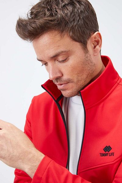 TOMMY LIFE Palton roșu pentru bărbați, cu guler cu fermoar, impermeabil și rezistent la vânt - 88050