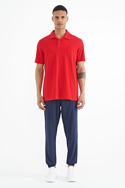 TOMMY LIFE Red Polo Neck Logo Embroidered Standard Form Men's T-shirt - 88237