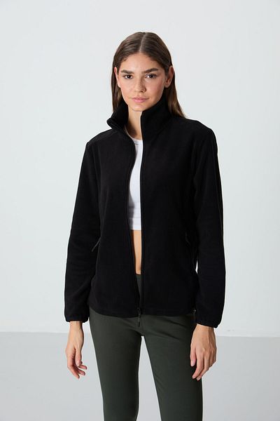 TOMMY LIFE Black Stand Collar Zippered Comfortable Form Women's Fleece Sweatshirt - 97173