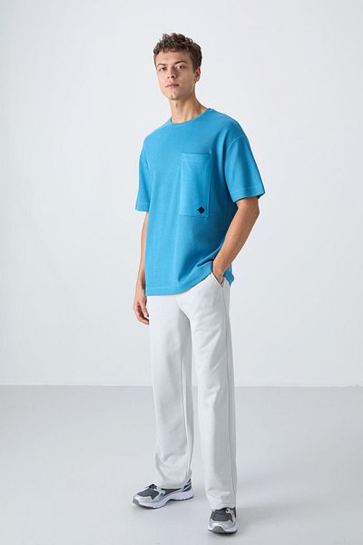 TOMMY LIFE Ανδρικό μπλουζάκι Petrol Blue Cotton με υφή με υφή Oversize Fit Basic - 88341