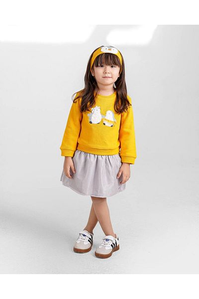 İNDİGO Baby Girl Yellow Seasonal Dress and Sweatshirt Bandana Set