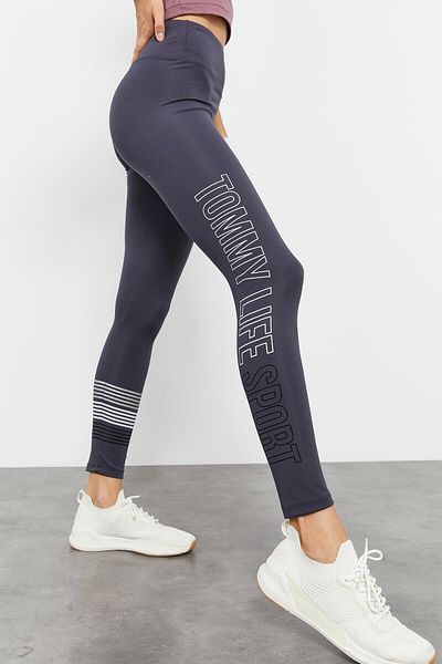 TOMMY LIFE Ανθρακί ψηλόμεσο κείμενο με στάμπα Slim Fit Skinny Leg για γυναίκες - 94544
