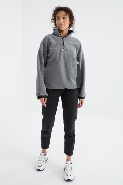 TOMMY LIFE Gray Melange Half Zipper Hem Gathered High Collar Oversize Women's Fleece Sweatshirt - 97236