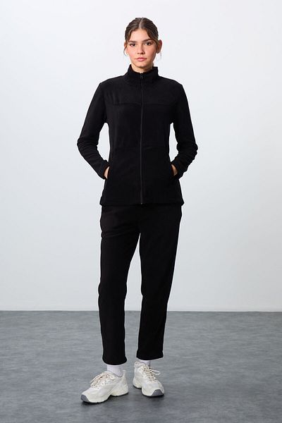 TOMMY LIFE Σετ γυναικεία αθλητική φόρμα Stand Collar Oversize Κεντημένη Μαύρη Fleece -95339