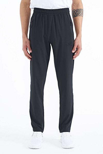 TOMMY LIFE Pantaloni de trening pentru bărbați, negri, cu trei buzunare, cu fermoar, cu potrivire standard, cu picioare clasice - 84768