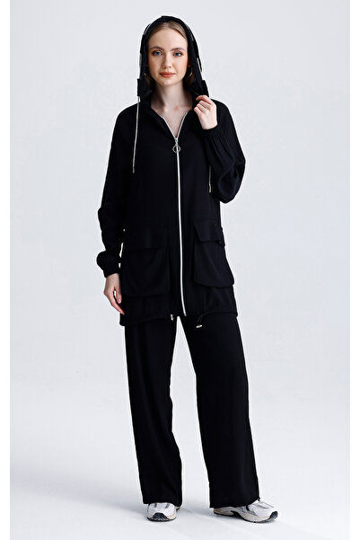 MD trend Women's Loose Wide Leg Pants Hooded Pocket Oversize Zippered Cardigan Two-Piece Sports Tracksuit Set