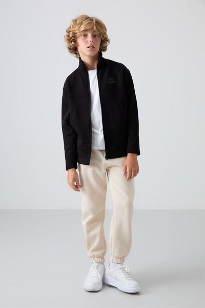 TOMMY LIFE Boy's Embroidered Sweatshirt - Black Cotton, Thick Fur Inside, Soft Texture - 11245