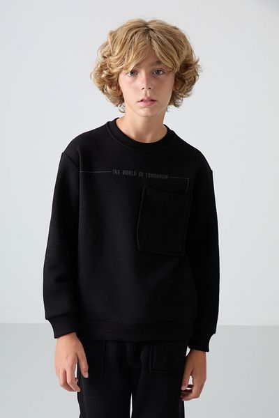 TOMMY LIFE Μαύρο βαμβακερό χοντρό γούνινο εσωτερικό με απαλή υφή Standard Fit εμπριμέ αγορίστικη φόρμα - 11257