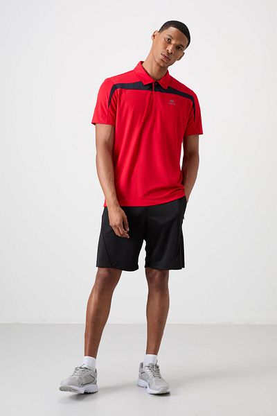 TOMMY LIFE Red Breathable Textured Thin Flexible Standard Fit Polo Neck Men's Performance T-Shirt - 88392