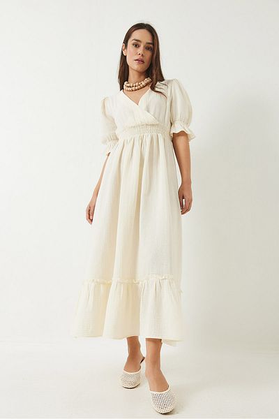 Bianco Lucci Rochie lungă pentru femei, cu mâneci și talie elastică, cu decolteu dublu, 3018 60283012