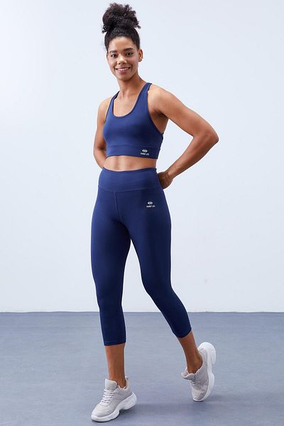TOMMY LIFE Indigo High Waist Gathering Cross Back Λεπτομερές σετ γυναικείο κολάν με λεπτή εφαρμογή - 95283