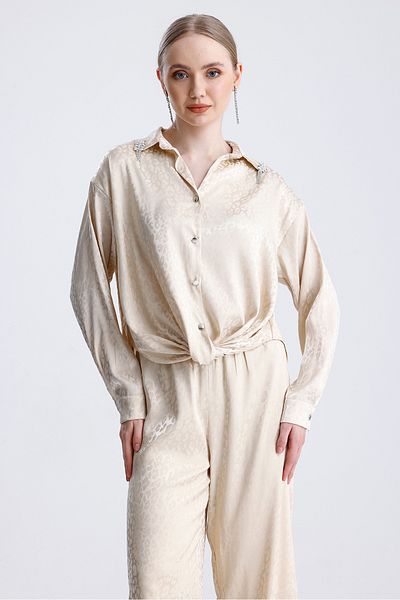MD trend Women's Patterned Collar Stone Detailed Tie Satin Shirt and Trousers Double Set