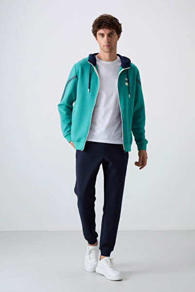 TOMMY LIFE Deniz Yeşili - İndigo Pamuklu Kalın Yumuşak Dokulu Comfort Fit Baskılı Erkek Eşofman Takım - 85236