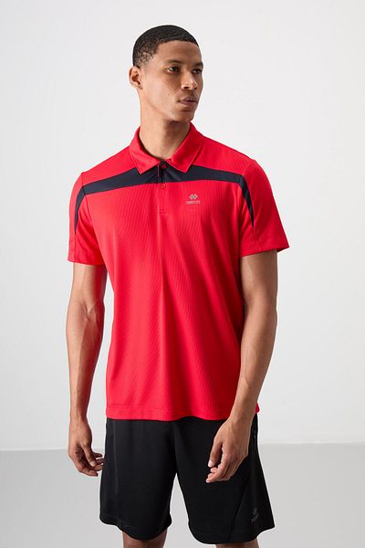 TOMMY LIFE Red Breathable Textured Thin Flexible Standard Fit Polo Neck Men's Performance T-Shirt - 88392