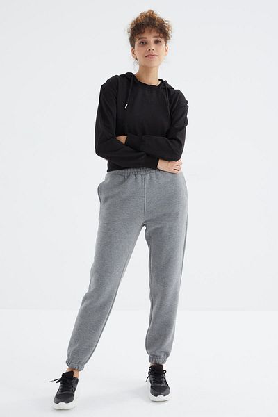 TOMMY LIFE Women's High Waist Gray Melange Cotton Sweatpants - Raised 3 Thread - 94624