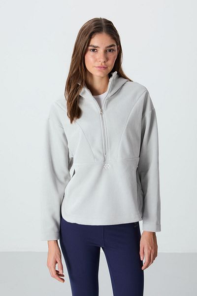 TOMMY LIFE Hanorac de damă din lână brodat supradimensionat - cu glugă, textura piatră -97286