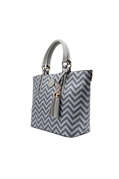 gio&mi Emma Women's Gray Zigzag Patterned Large Zippered Hand and Shoulder Bag
