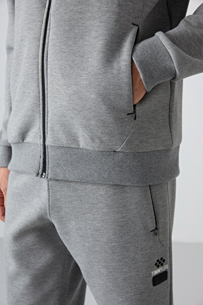 TOMMY LIFE Γκρι μελανζέ βαμβακερή χοντρή απαλή υφή Comfort Fit εμπριμέ ανδρική φόρμα - 85236