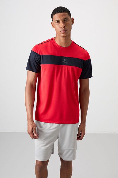 TOMMY LIFE Red Polyester Breathable Textured Slim Flexible Standard Fit Men's Performance T-Shirt - 88396
