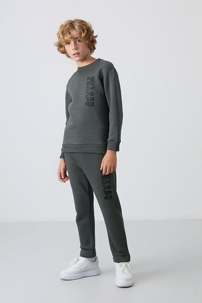 TOMMY LIFE Boy's Tracksuit Set - Khaki Cotton, Thick Fur Inside, Soft Texture, Printed - 11233