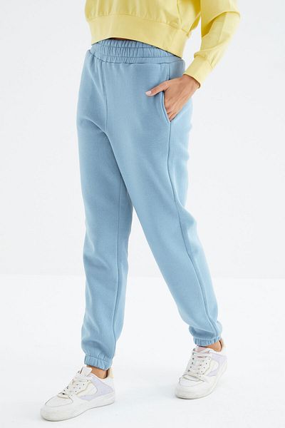 TOMMY LIFE Pantaloni de sport pentru femei, albastru deschis, cu talie înaltă, formă relaxată, Jogger - 94624