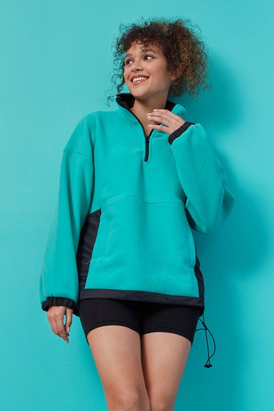 TOMMY LIFE Γυναικείο φούτερ Fleece Oversize Γυναικείο φούτερ με μισό φερμουάρ Sea Green - 97236