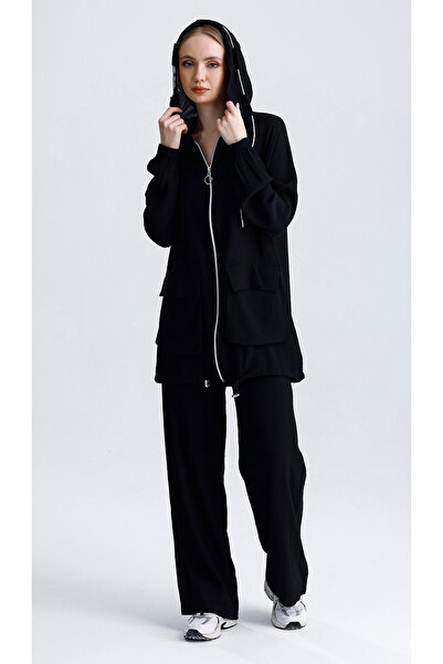 MD trend Women's Loose Wide Leg Pants Hooded Pocket Oversize Zippered Cardigan Two-Piece Sports Tracksuit Set