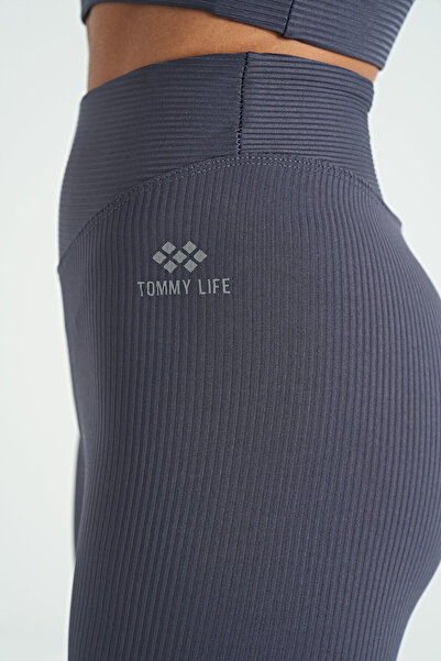 TOMMY LIFE Anthracite Piping Detailed High Waist Slim Fit Ribbed Women's Leggings - 94643