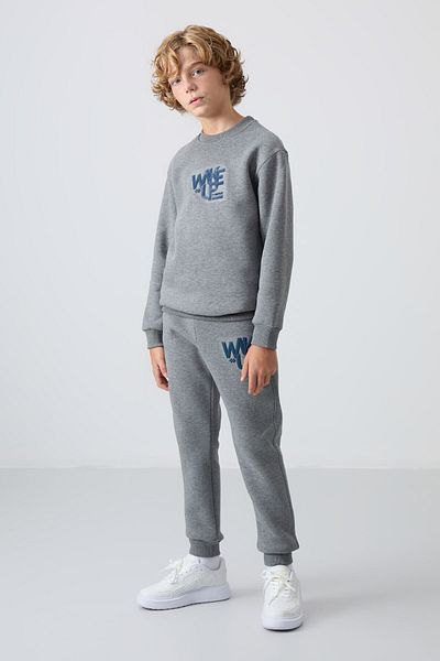 TOMMY LIFE Boy's Tracksuit Set - Gray Melange, Cotton, Thick Fur Inside, Soft Texture, Printed -