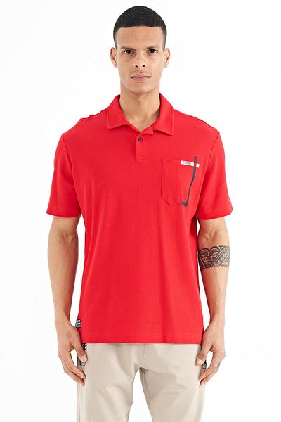 TOMMY LIFE Red Pocket Detailed Printed Standard Fit Polo Neck Men's T-shirt - 88241