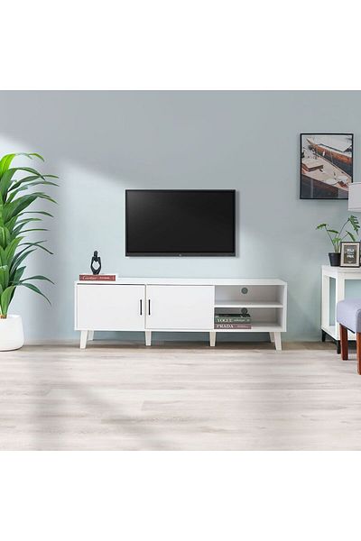 Danube Home خزانة تلفزيون أرلو ببابين حتى ٥٥ بوصة - أبيض، الطول ١٥٢ سم × العرض ٤٠ سم × الارتفاع ٤٩ سم