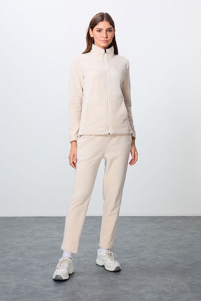 TOMMY LIFE Σετ γυναικεία φόρμα γυμναστικής Stand Collar Beige Oversize Embroidered Fleece -95339