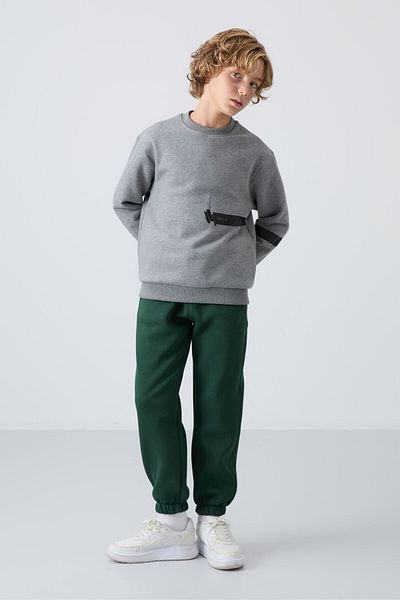 TOMMY LIFE Boys' Sweatpants Pine Green Cotton, Thick Feather Inside, Soft Texture - Printed - 112