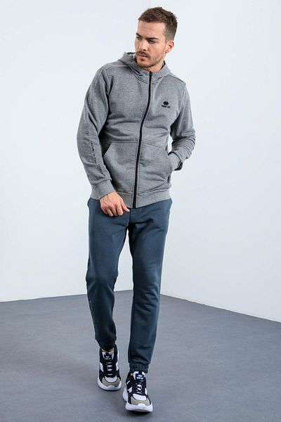 TOMMY LIFE Gray Melange Basic Hooded Comfortable Form Embroidery Detailed Zippered Men's Sweatshirt - 88035