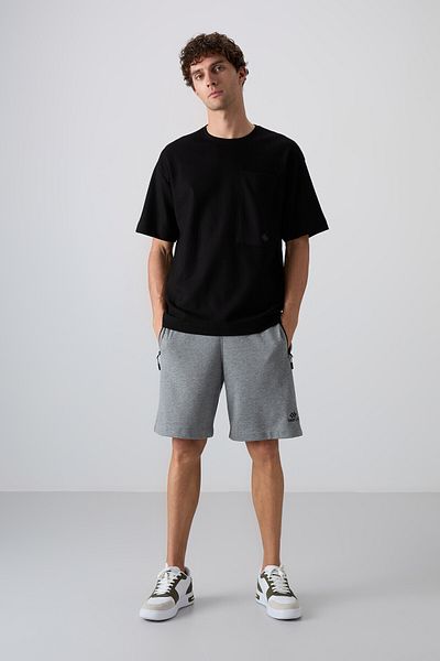 TOMMY LIFE Μαύρο βαμβακερό ανδρικό μπλουζάκι με χοντρή υφή Oversize Fit Basic - 88341