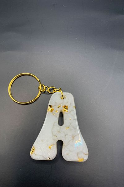 BİZİMSÜS Letter a Marble Patterned White Keychain - Gift Keychain - Epoxy