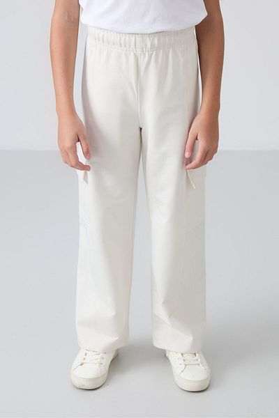 TOMMY LIFE Ecru Girl's Sweatpants with Wide Leg and Front Stitching Detail - Cargo Pocket - 75143