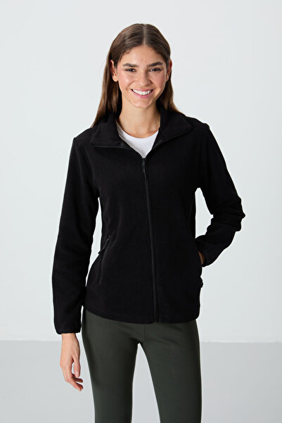 TOMMY LIFE Black Stand Collar Zippered Comfortable Form Women's Fleece Sweatshirt - 97173