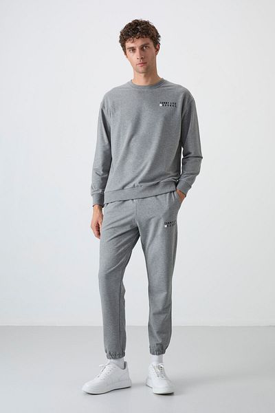 TOMMY LIFE Ανδρικό σετ αθλητικής φόρμας Oversize από βαμβάκι - Grey Melange, O-Neck, Rubber Leg - 85120