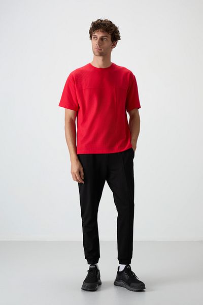 TOMMY LIFE Μαύρο βαμβακερό Soft Textured Comfort Fit Embroidered Ανδρικό Jogger - 82123