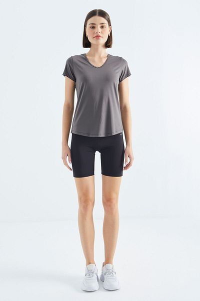TOMMY LIFE Gray Basic Short Sleeve Standard Fit V-Neck Women's T-Shirt - 97145